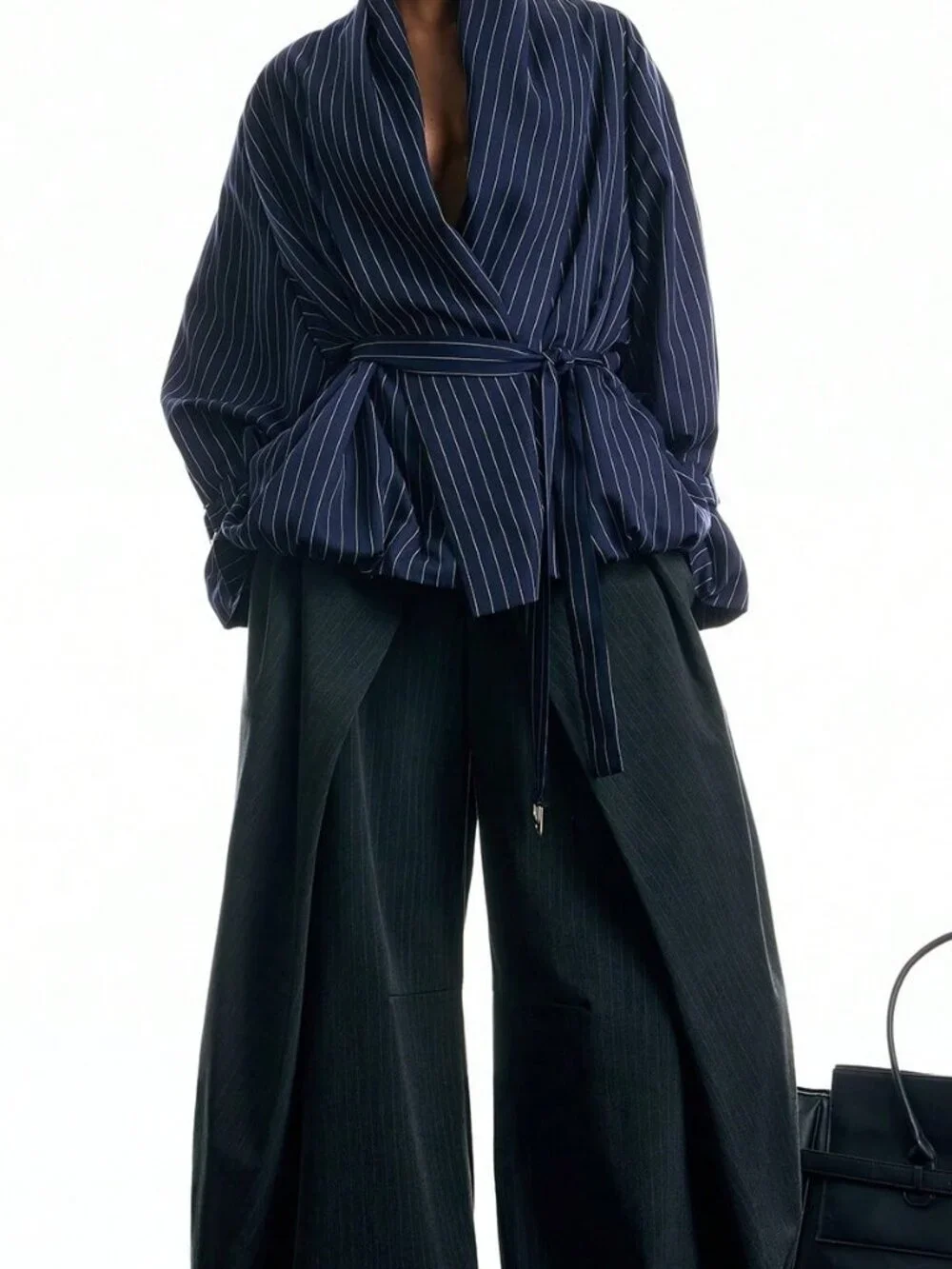 Navy Blue Casual Women's Striped Shoulder Long Sleeve Waist Tie Trench Coat